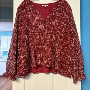 Madewell Kinston Cinched Waist Top Size 2X Red Floral Long Sleeve Blouse